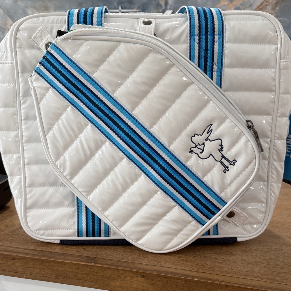 THINK ROYLN White Quilted pickleball Bag, Blue Striped Webbing limited edition